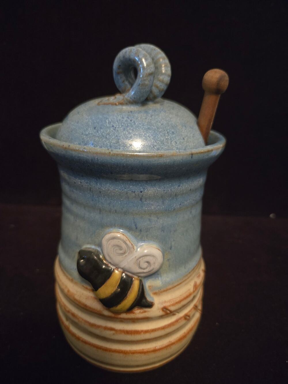 Mudworks Handcrafted ceramic stoneware honey pot with a wooden dipper